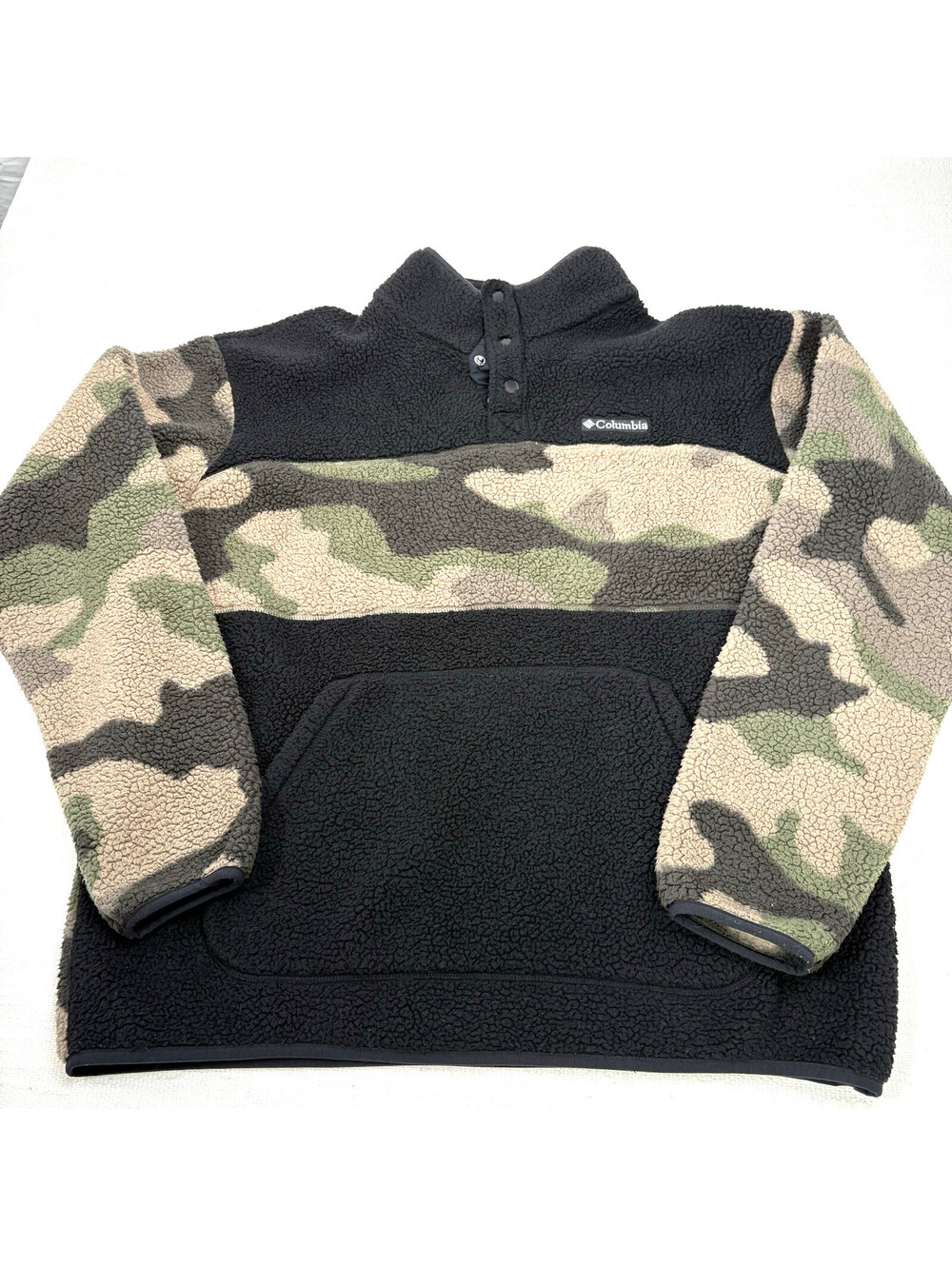 Columbia Camo Black Sherpa Fleece Pullover Women’s L Quarter Snap Jacket AM5879